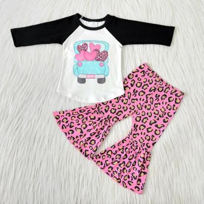 China 2021 Kids Valentine's Day Babies Clothing Black Leopard Pink Outfits Long Sleeve Bells Outfits Casual Black Shirt Boutique Clothing for sale