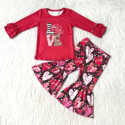 China 2022 New Design Casual Long Sleeve Shirt Red Heart Printed Bells Set For Girls Valentine's Day Outfit Baby's Clothing Outfits for sale