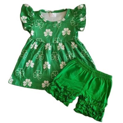 China St Patrick's Day New Style Soft Tunic Four Leaf Clover Green Cotton Main Ruffle 2 Shorts Girls Boutique Holiday Kids Outfits for sale