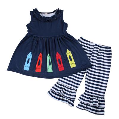 China Fashionable formal kids back to school clothing sets summer babies outfits cute pencil print ruffle pants kids boutique clothes for sale