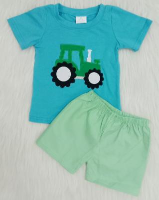 China Top + Pant Matching Sets 2020 Summer Kid Boys Short Sleeve T-shirt Blue Tractor Embroidered Printed Green Shorts for sale