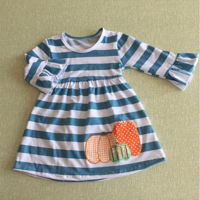 China New Breathable RTS Babies Boutique Halloween Kids Stripe Apparel Kids Pumpkin Applique Embroidery Dress Clothes for sale