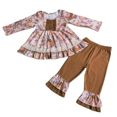 China Autumn Winter Brown Casual Pants Turkey Maple Leaves Cloth Dress Button Top Kids Clothing Sets Thanksgiving Kids Outfits for sale