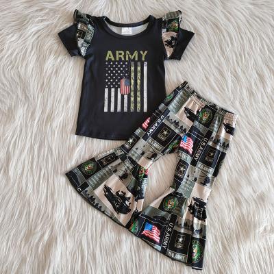 China Formal wholesale infant kids boutique outfit clothes fashionable babies short sleeve top bell-bottom pants matching sets for sale