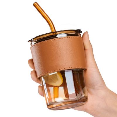 China 450ml 15oz White Sustainable Portable Cup Water Drinking Cola Can Clear Glass Coffee Tumbler Cups With Lids And Straws for sale