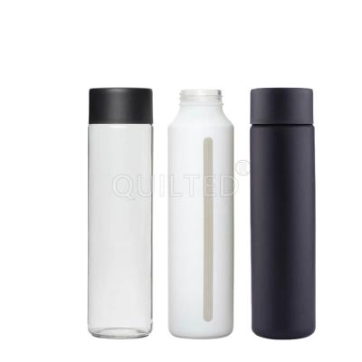 China Sale Voss Glass Bottle 16 Ounce Round Matte Black Clear Straight Cold Beverage Custom Empty Hot Press Eco-Friendly Recyclable With Plastic Lid for sale