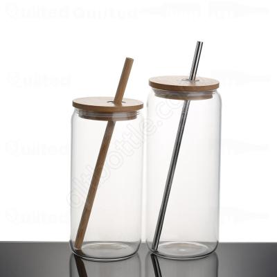 China 16oz Sublimation Shaped Borosilicate Single Wall Beer Can Glass Water Tumbler Shaped Glass Beer Mug With Straw And Cover for sale