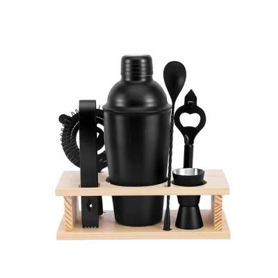 China Factory Production Sales Bar Tool Kit Stainless Steel Viable Cocktail Shaker Set 6 Pieces Black Set With Bamboo Stand for sale