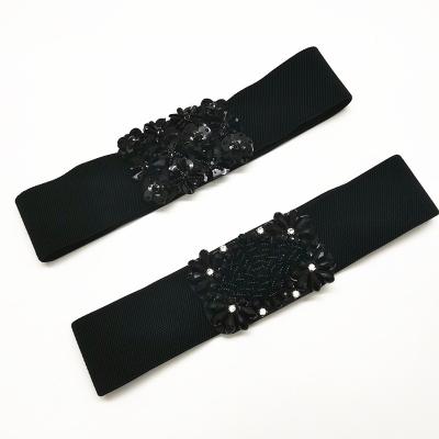 China Garment Accessories Fashion Color Women Stretchy Wide Waistband For Dress Ladies Waistband Elastic Rhinestone Hook Buckle for sale