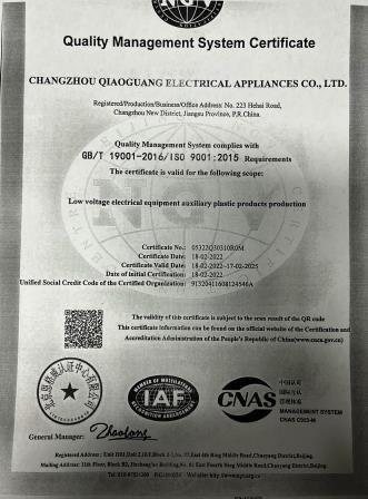 GB/T 19001-2016/ISO 9001:2015 Requirements - changzhou qiaoguang electrical appliance co.,ltd.