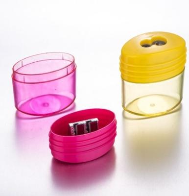 China Plastic + Metal Pole Flattened Aluminum Core Holes Plastic Pencil Sharpener Double With Tank for sale