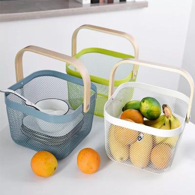 China Viable Sale Under Shelf Gray Wooden Handle Rack Mesh Fruit Kitchen Vegetable Storage Baskets for sale