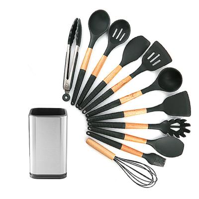 China Sustainable 12 Pieces In 1 Set Silicone Kitchen Accessories Cooking Tools Kitchenware With Stainless Steel Bucket for sale