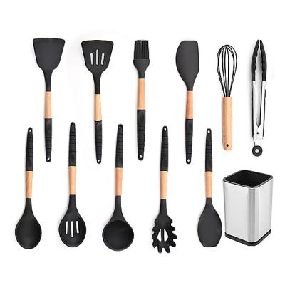 China Sustainable Hot Selling 12 Pieces Food Grade Silicone Kitchen Set Cooking Cooking Utensil Set with Stainless Steel Barrel for sale