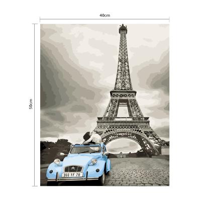 China Modern Wall Art Canvas Hand Painted Sweet Couples Lover in Eiffel Tower DIY Oli Painting Paris Art Decoration for sale