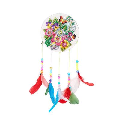 China Wholesale New Style Customized Eco-friendly DIY 5D Handmade Round Full Diamond Round Wind Chime With Colorful Feather for sale