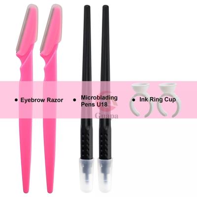 China Manual Eyebrow Tattoo Pen Is With Anti-Slip Design Private Logo Disposable Microblading Pen With 0.18mm U18 Microblades Eyebrow Pink Sharp Razor Tattoo Ink Ring Cup White Dye for sale