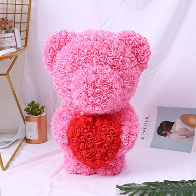 China Best Selling Rose Teddy Bear Artificial Floral Foam Standing PVC Flower Forever With Heart For Valentine for sale