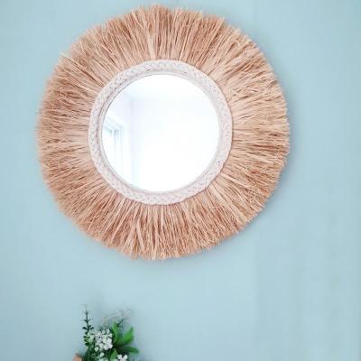 China Innovative Minimalist Straw Moroccan Wood Art Multi-Function Mirror Hanging Hanging Ornament for Bedroom for sale