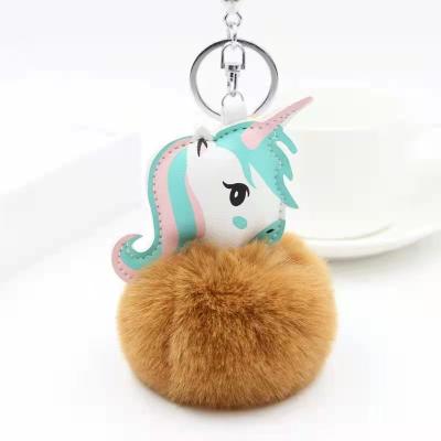 China Promotion Gift Unicorn Horse Keychain Rabbit Fur Ball Horse Key Bag Car Key Chain Keychain For Women for sale