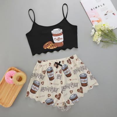 China New QUICK DRY printed halter tops and coffee-cookie printed shorts home use women's two-piece pajamas for sale