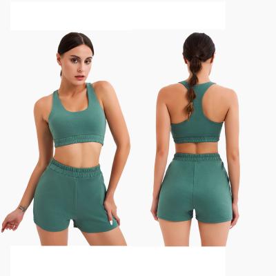 China Breathable Ready To Sweat-Wicking Boat 90% Cotton Two Piece Leisure Workout Sets High Waist Shorts Back Bras Runner Women Sets Women for sale