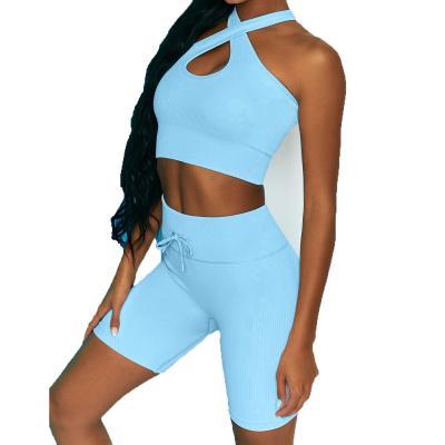 China Wholesale New Design Cross Strap Push Up Breathable Tops High Waist Shorts Workout Sets Breathable Soft High Stretch Women Yoga Sets for sale