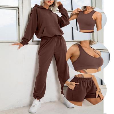 China Breathable Workout Jogger 5 Piece Sets Breathable Comfortable Jogger Sets Women Lightweight Sweatpants Jogger Cropped Sweatshirt Sets for sale