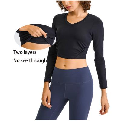 China New Autumn Design Long Sleeves Breathable Workout Women Solid Color Outdoor Sports T-Shirts Women Breathable V-Neck Tops for sale