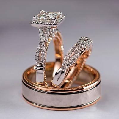 China TRENDY 3pcs Rose Gold Plated Diamond Engagement Ring Wedding Rings Square Cubic Zirconia Jewelry Set for sale