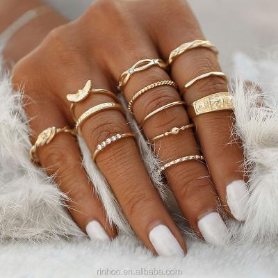 China TRENDY Boho 12pcs/set Gold Group Rings Twist Rhinestone Geometric Knuckle Gold Plated Finger Rings for sale