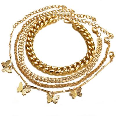 China 4 Pcs Trendy Trendy Cuban Butterfly Anklet Chain Link Pendant Gold Plated Anklet Set For Women for sale