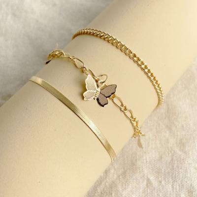 China 2021 3 Pcs Trendy Trendy Cuban Chain Anklets Gold Plated Anklets Women Butterfly Charms Anklets for sale