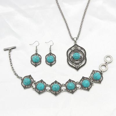 China Ethnic Style Retro Fashion Turquoise Jewelry Necklace Earrings Bracelet TRENDY Ethnic Style Jewelry Set for sale