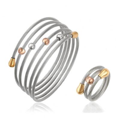 China CLASSIC Fashion Pearl Charm Cuff Bracelet and Ring Stainless Steel Jewelry Set for Women for sale