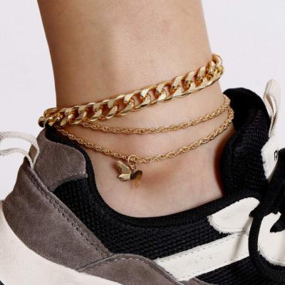 China 2021 Fashion Beach Nickel Free Lead Free Jewelry Set Butterfly Bracelets Rope Link Chain Multilayer Adjustable Anklets for sale