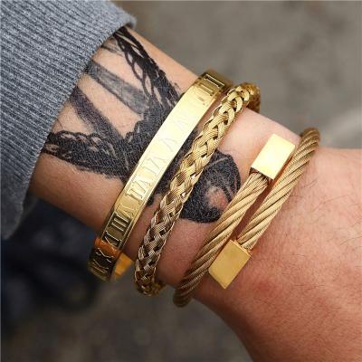 China Environmental Friendly 3 Pcs Set Roman Numerals Woven Bangles Titanium Steel Bracelet Punk Adjustable Titanium Steel Wire Braided Cuff Bangles Set for sale