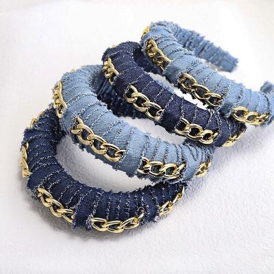 China 2021 Fashion Wide Sponge Denim Hair Band Sponge Jean Fabric Hair Bands Wide Denim Headwear For Women for sale