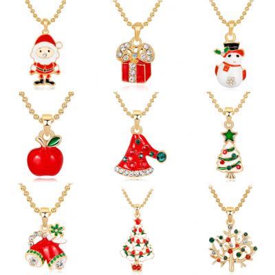 China Fashion Necklace Rhinestone Santa Necklace 18K Gold Plated Crystal Tree Santa Jingle Bells White Red Christmas Enamel Pendant Necklace for sale