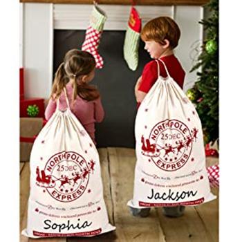 China Hot Sales Canvas Drawstring Pockets Personalized Christmas Cotton Bag Eco - Friendly Reindeer Santa Sacks for sale