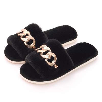 China Women's Open Toe Anti-Slippery Metal Chain Casual Shoes Hairy Women's Slides Slippers Anti-Slippery Flip Flops Furry Fluffy Winter for sale