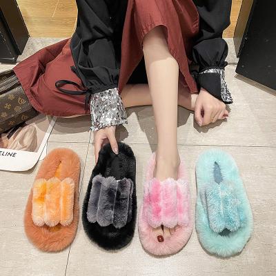 China Fur Slippers Fluffy Soft Furry Slides Thick Flats Heel Non Slip Open Toe Furry Slippers For Women for sale