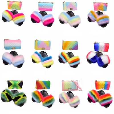 China Wholesale Anti Slippery Colorful Fur Slippers Rainbow Gel Anti Slip Bag Set Fashion Design Fox Fur Slide Summer Women Slippers Set for sale