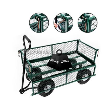 China 300kg Capacity Heavy Duty Metal Garden Cart Green Trailer Truck Truck 4 Wheel Transport Metal Wheelbarrow Industrial Heavy Duty Garden Cart for sale