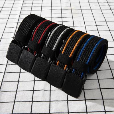 China Custom Cotton Polyester Canvas 38Mm Canvas Belt Mens Colorful Striped Web Belt Flip Top Buckle Belts With Elastic Buckle for sale