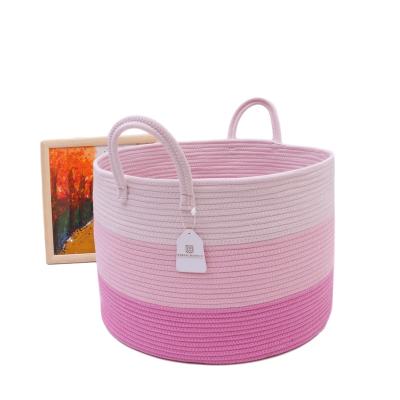 China 50*33cm Sustainable 20*13in Expanded Version Of Pink Rope Woven Laundry Hamper Cotton Storage Basket for sale