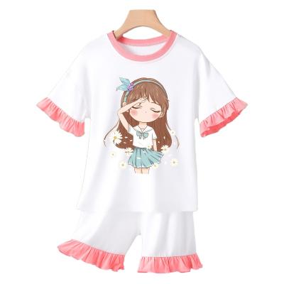 China Children's Breathable Pajamas Cotton Cartoon Modal Pajamas Set Pink Summer Homewear Thin Printing Pajamas Set for sale