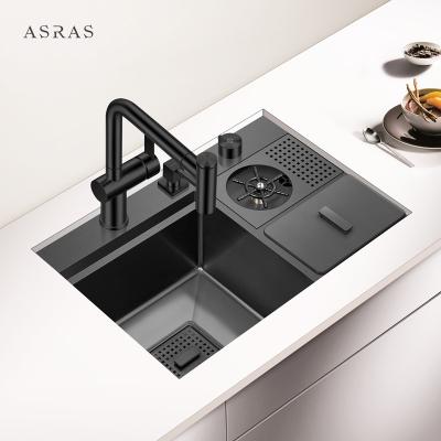 China Asras SUS304 black nano hand-made cup rinser sink with trash can and hidden cover-6042NX-1 for sale