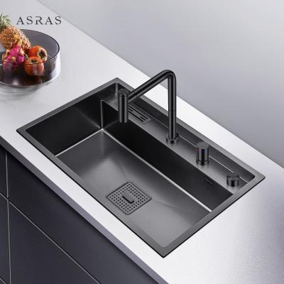 China Asras SUS304 black nano handmade sink with knife holder with drain and kitchen faucet-7549NT-2 for sale