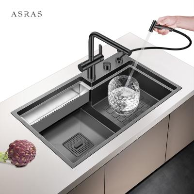 China Asras SUS304 Black Nano Handmade Step Sink with Drain and Kitchen Faucet-7947NJ-1 for sale